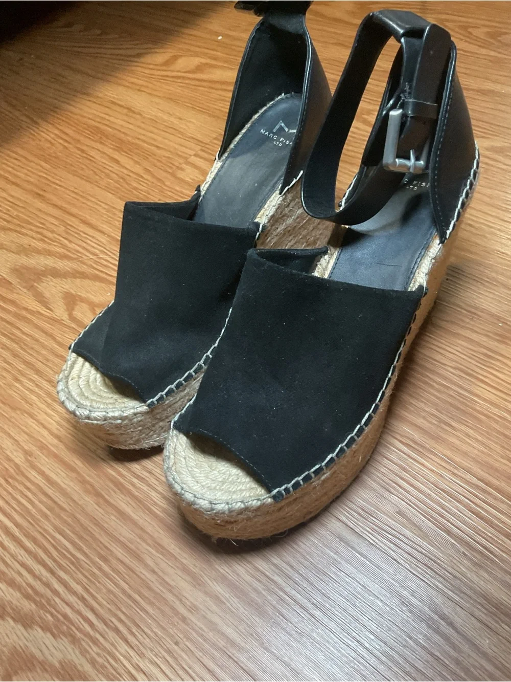 Marc Fisher Black Suede Espadrille Wedge Sandals with Ankle Strap